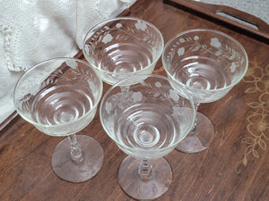 Vintage Deco Rose Vine Etched Glass Sherbet Glass, set of 4