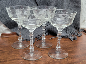 Vintage Deco Rose Vine Etched Glass Sherbet Glass, set of 4