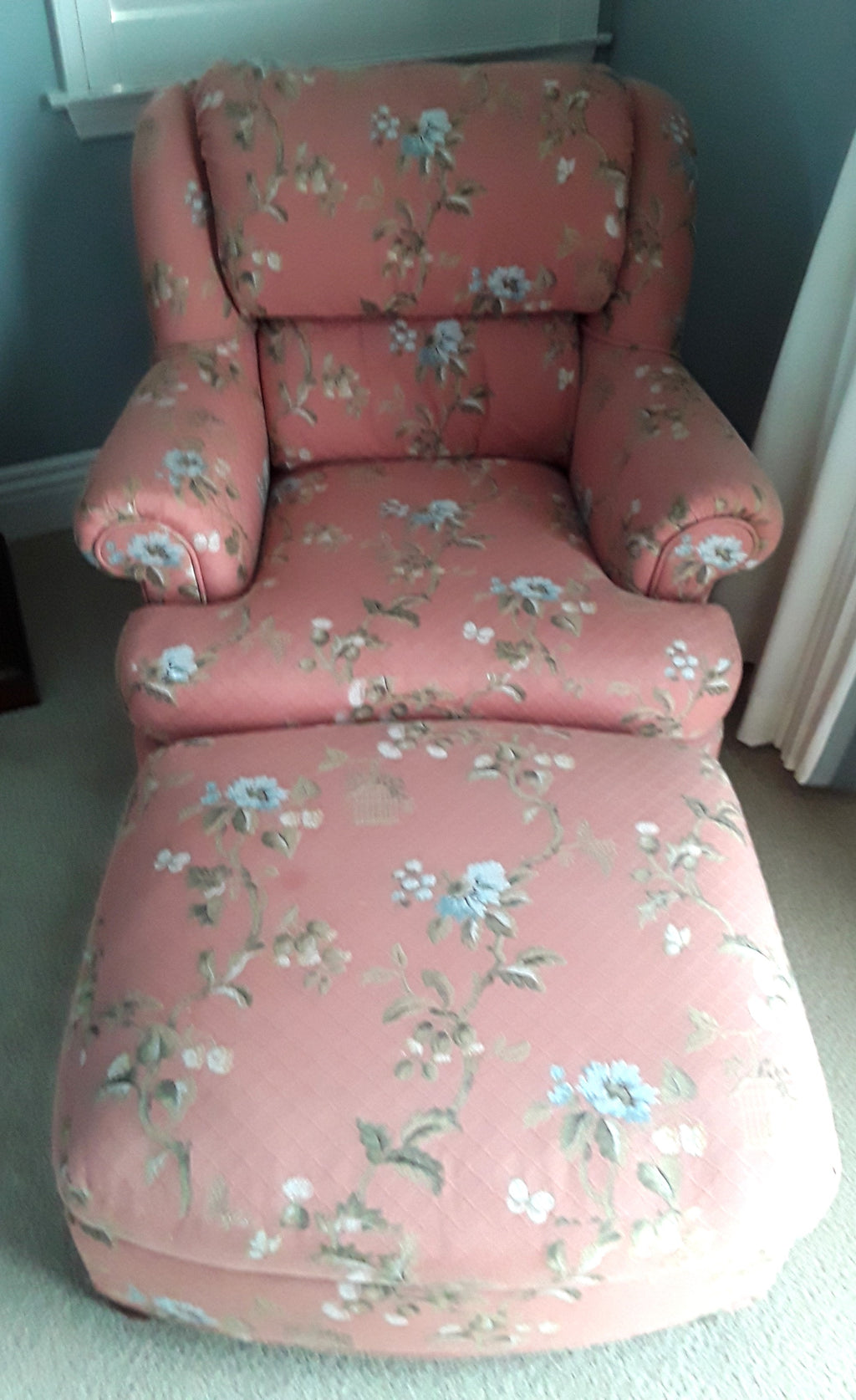 Coral Colored Floral Club Chair and Ottoman