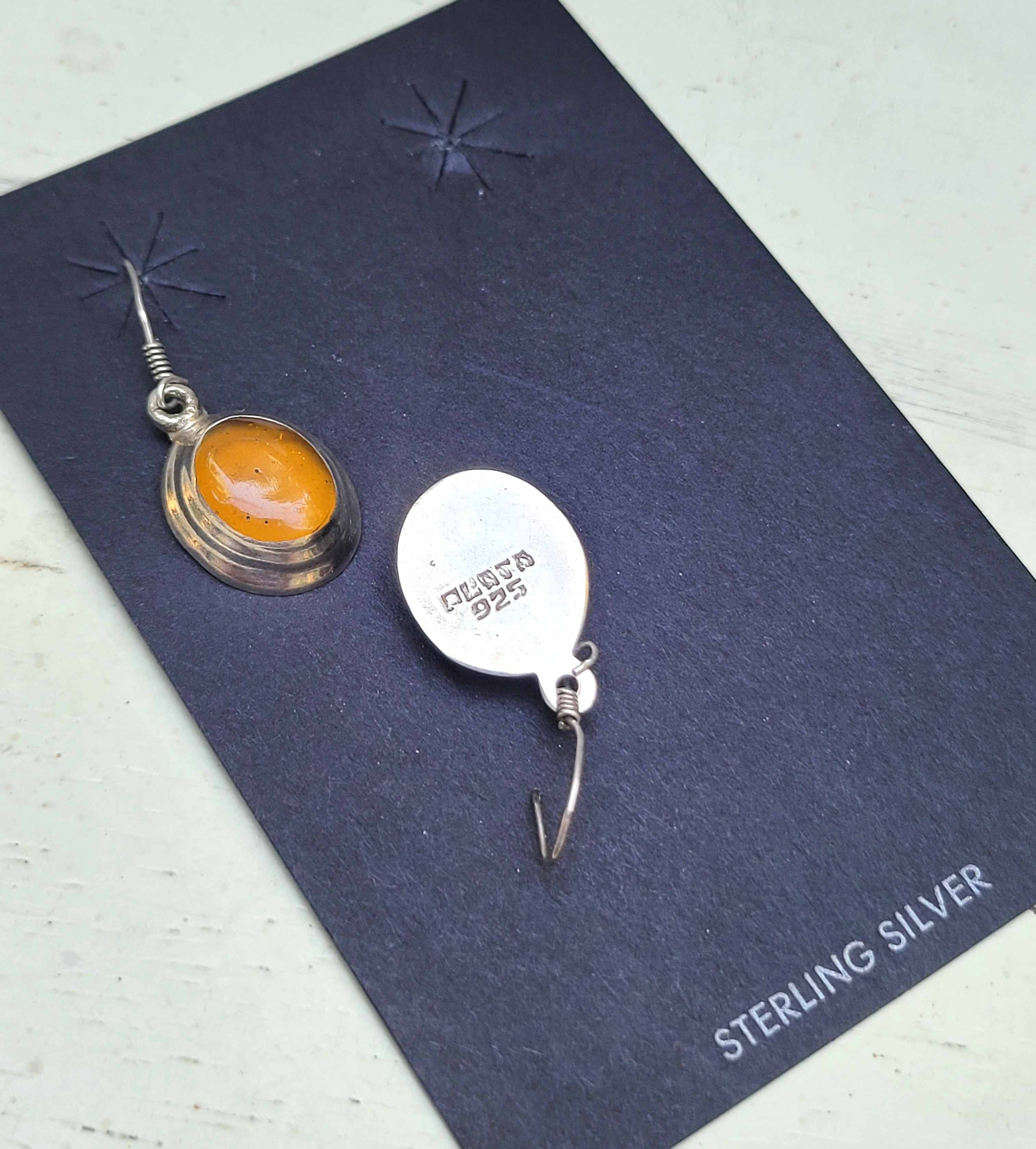 Sterling and Amber Oval Caboshon Earrings