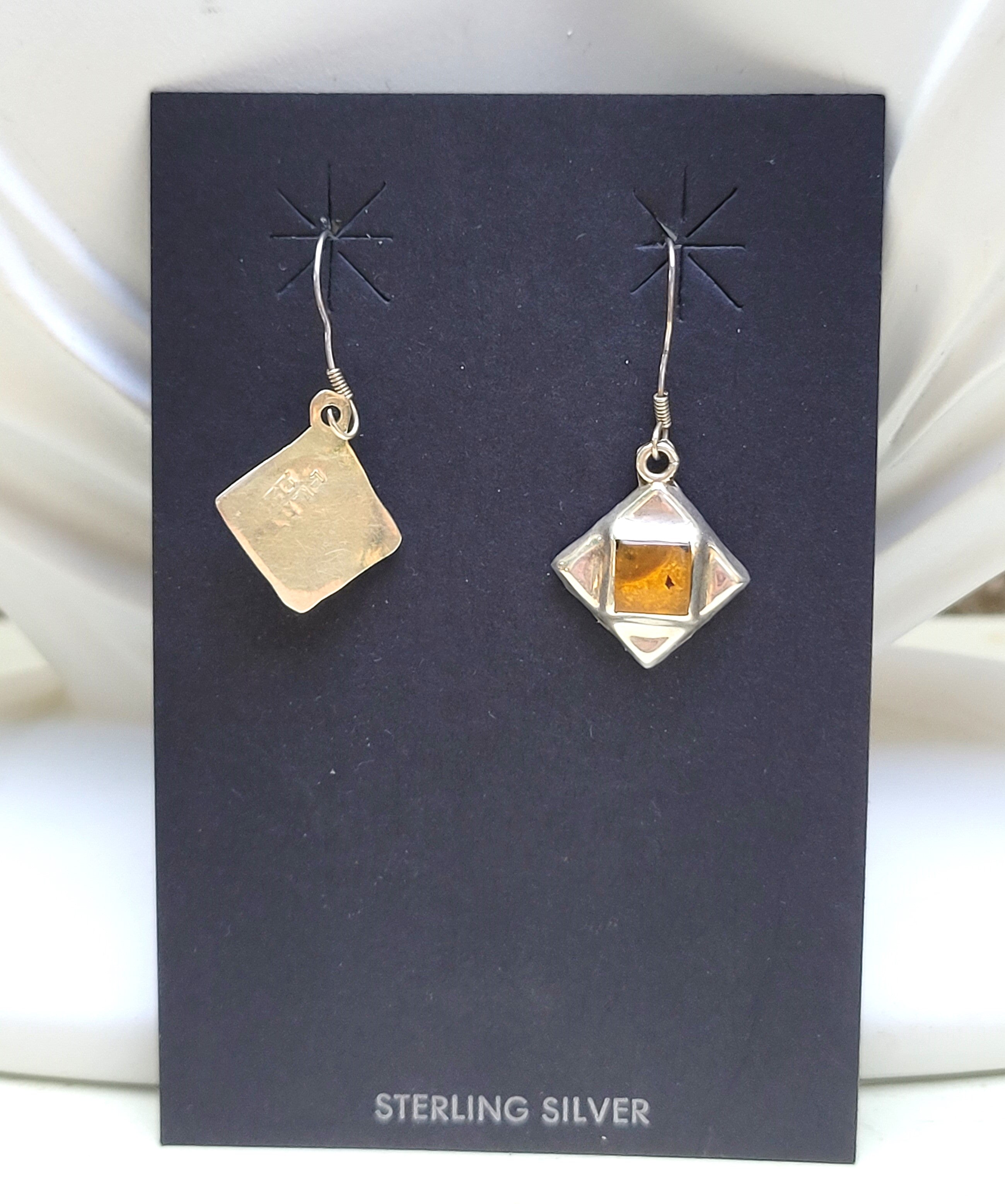 Sterling and Amber Square Cabochon Earrings