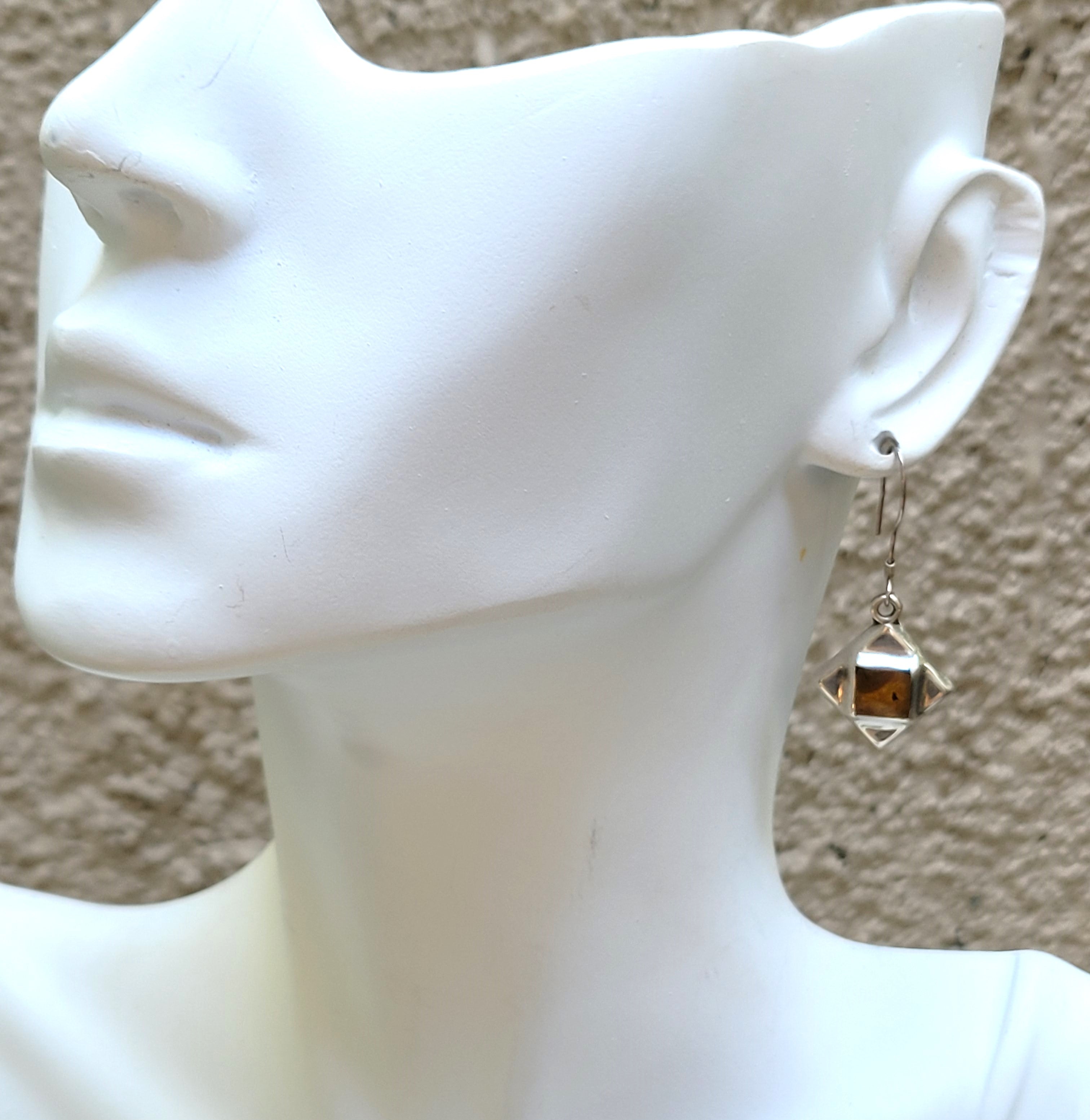 Sterling and Amber Square Cabochon Earrings