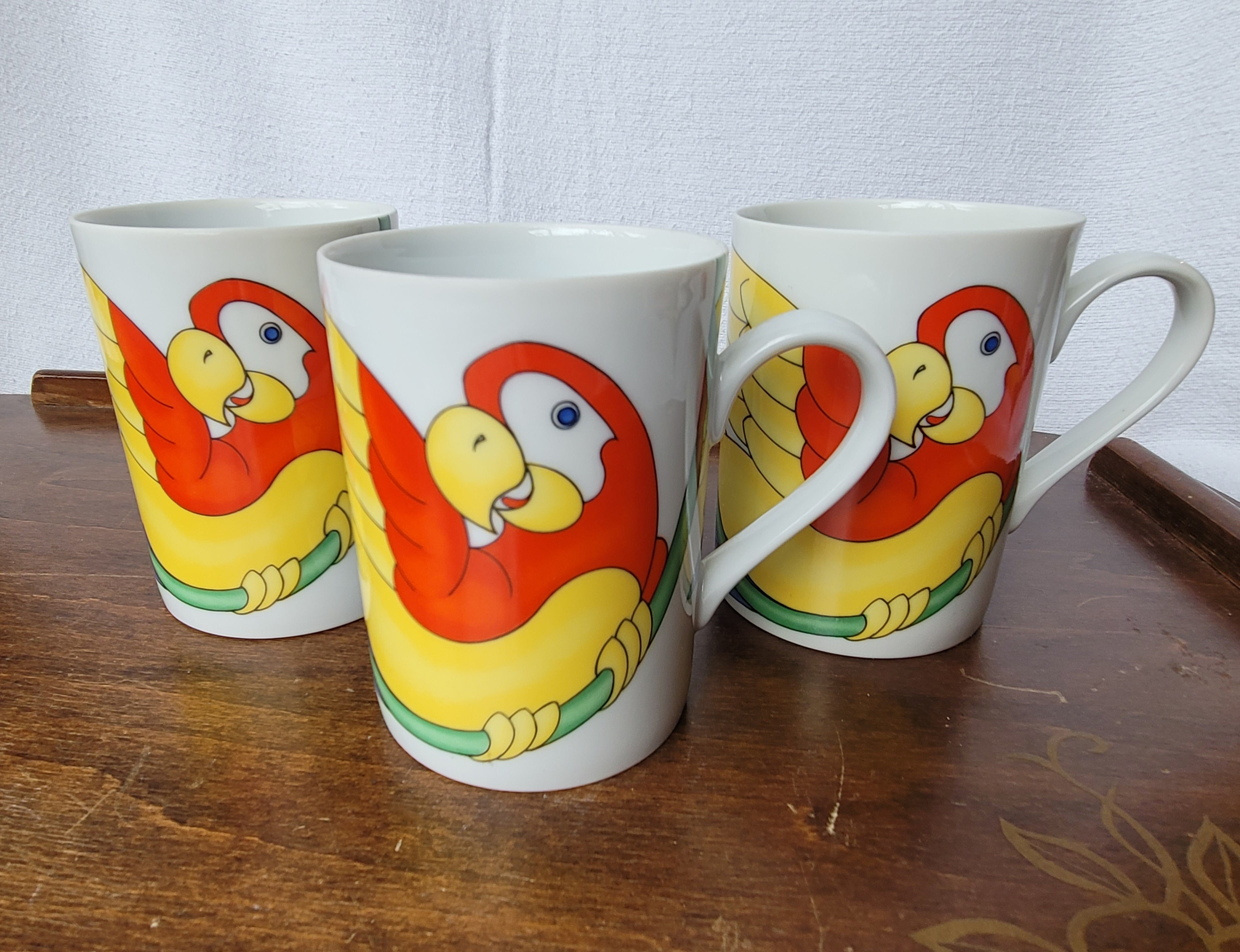 Fitz & Floyd "Parrot-in-Ring" Mugs, set of 3