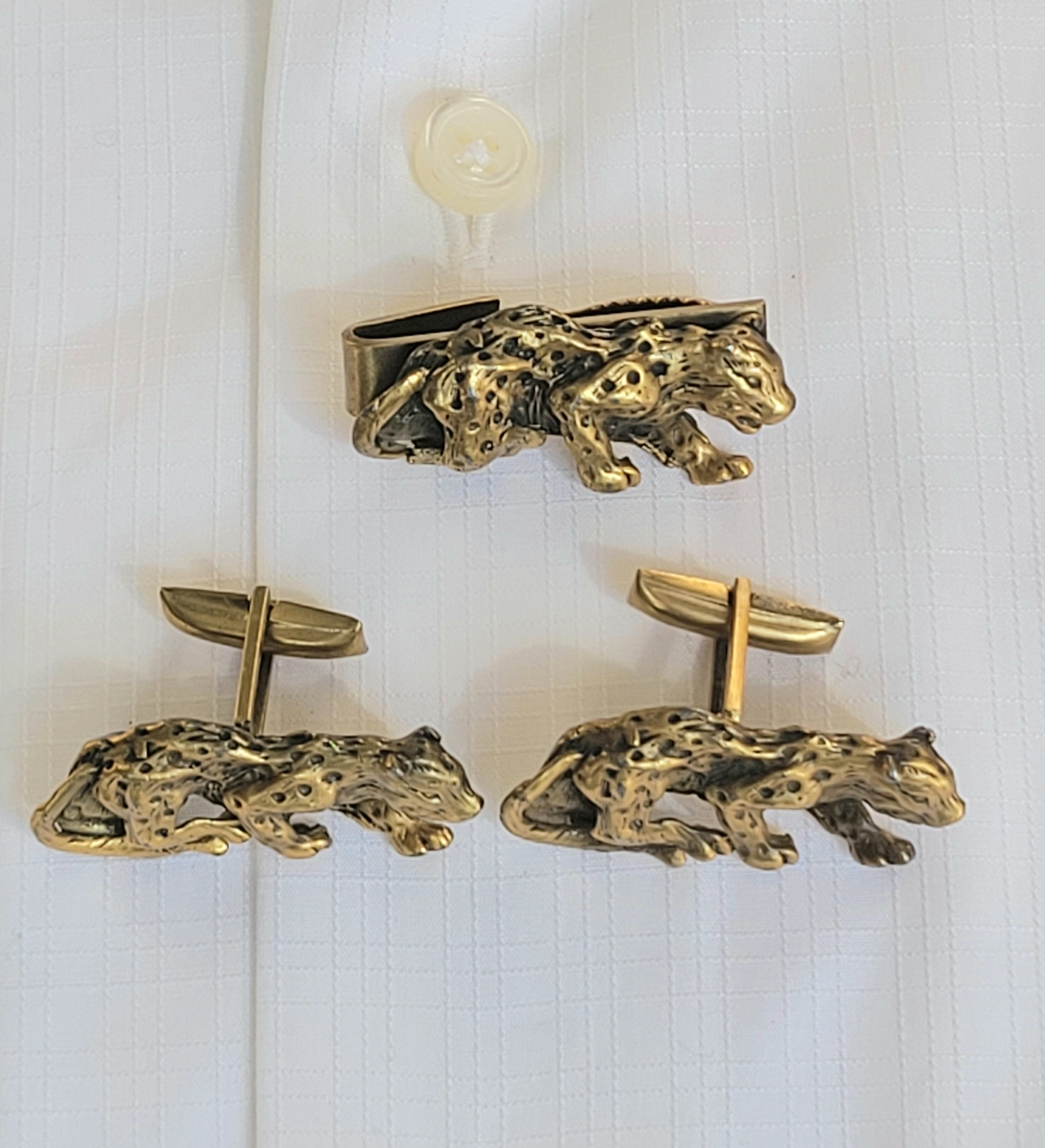 Vintage Leopard Cufflinks and Tie Clip, 1950's