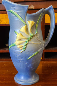 Roseville USA 20-10" blue early century pitcher vase