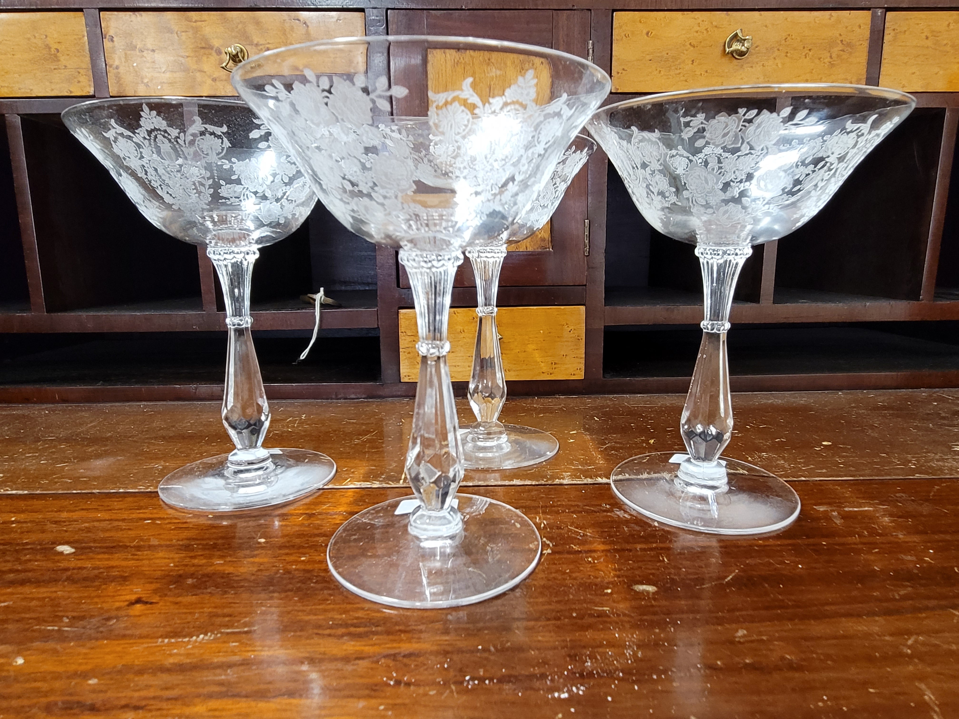 Vintage deco etched glass sherbet glasses with rose vines, set of 4
