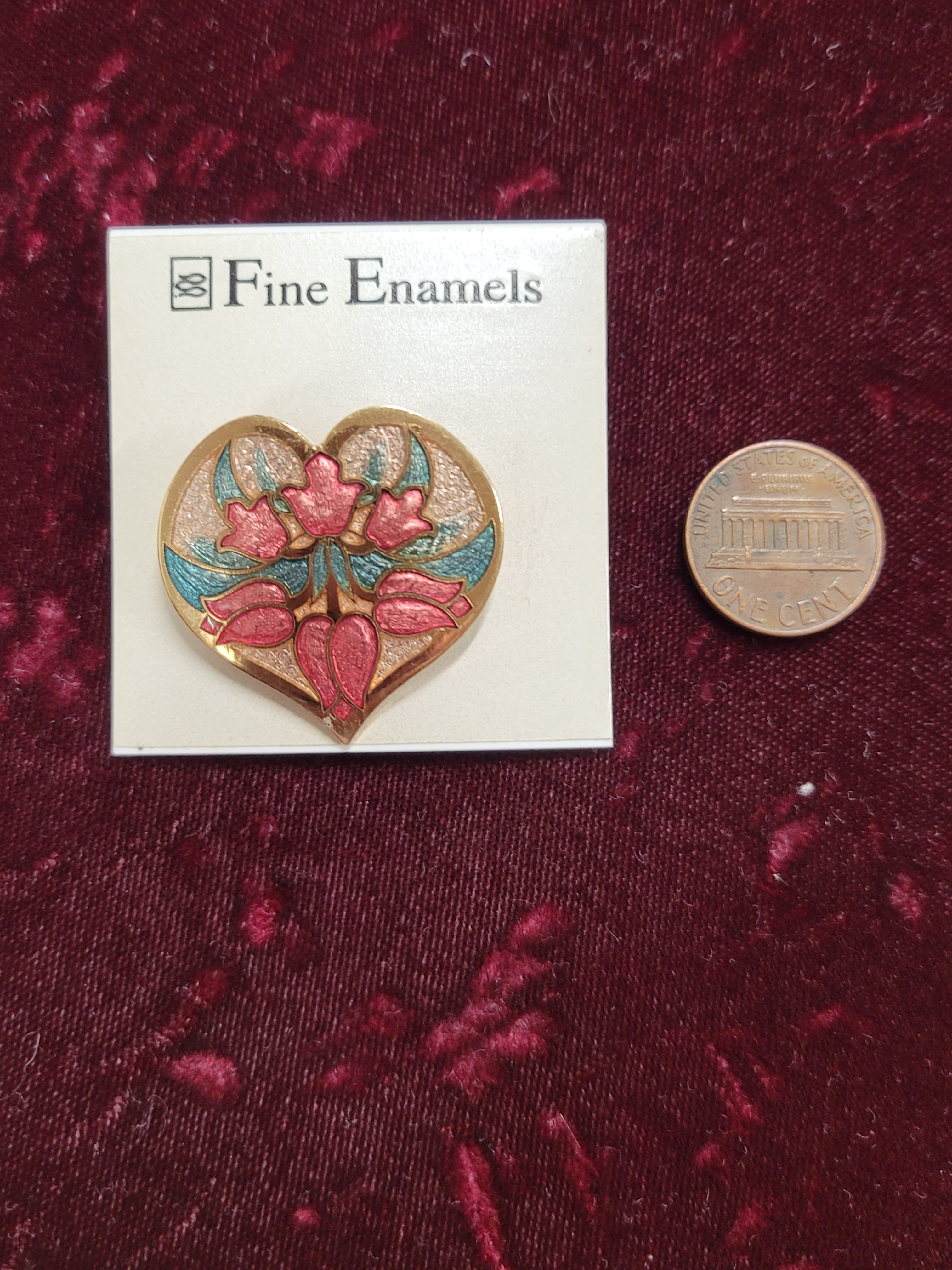 Fine Enamel Heart-shaped brooch / pin by Fish Enterprises
