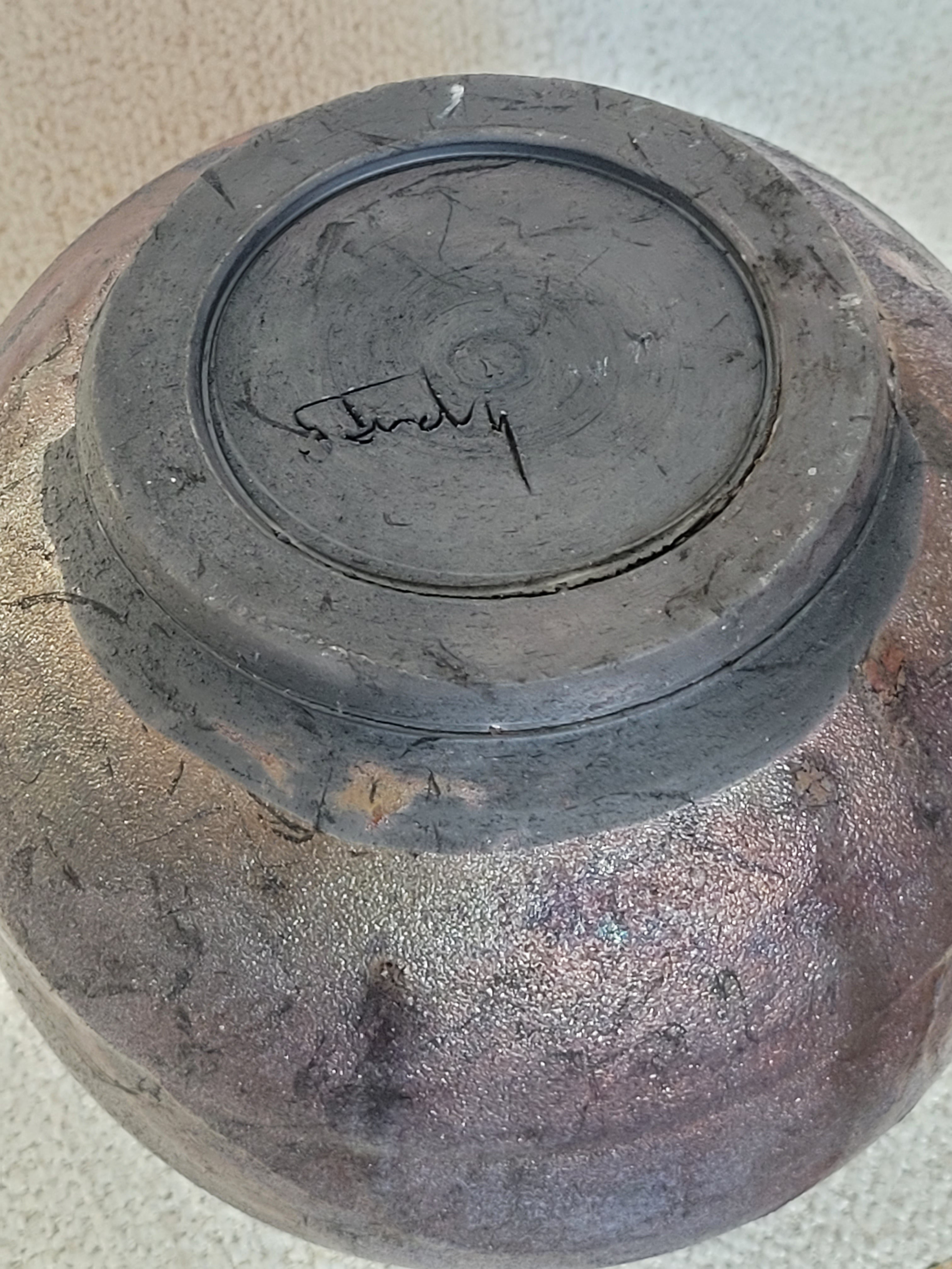 Hand-thrown Raku pottery vase, artist signed