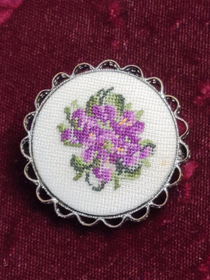 Vintage embroidered violets brooch pin