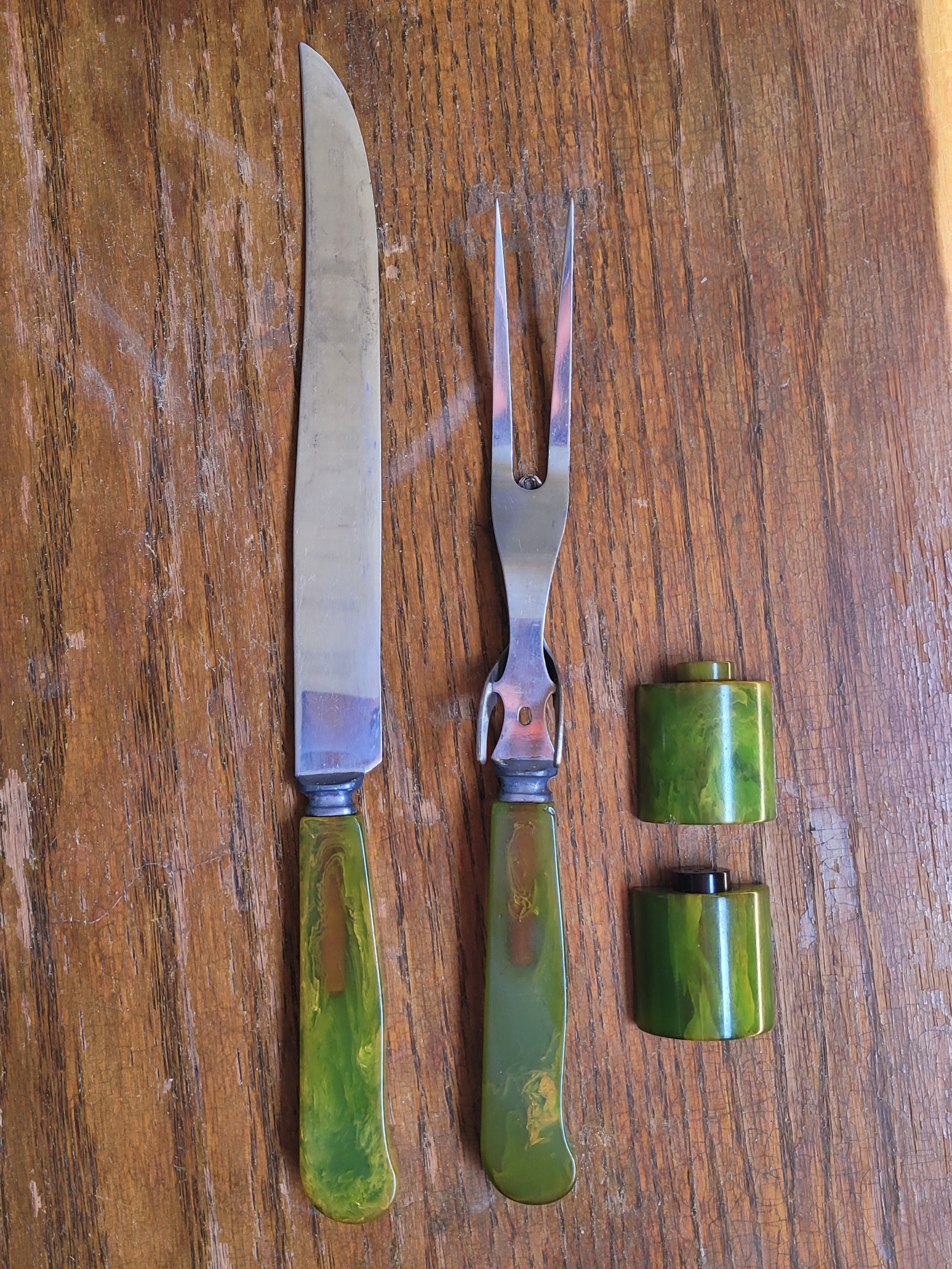 Sta-brite stainless carving set with green Bakelite handles, salt & pepper shakers