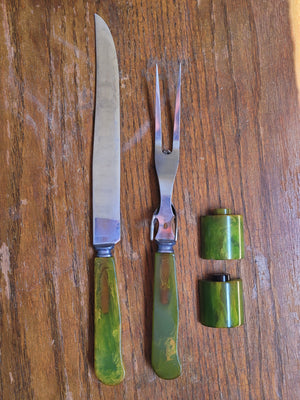 Sta-brite stainless carving set with green Bakelite handles, salt & pepper shakers