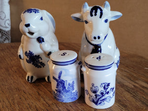 Blue & White Cow and Rabbit Creamers with Salt and Pepper set