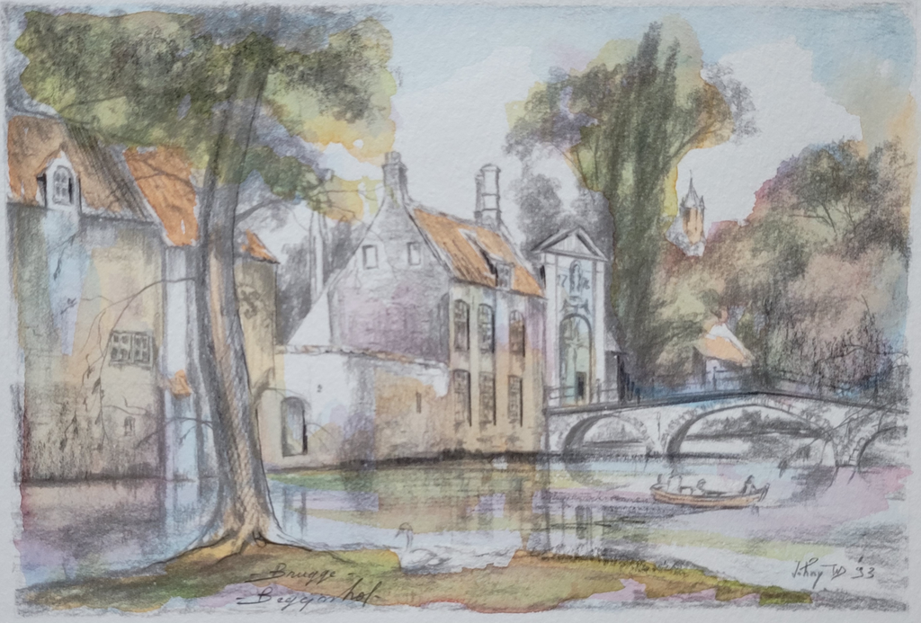 Watercolor and pencil artwork of begijnhof, brugge, 1993