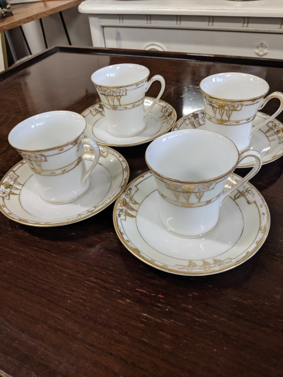 Set of 4 antique Nippon china tea cups with saucers