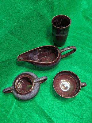 Purple cup and tumbler set w creamer & sugar bowl