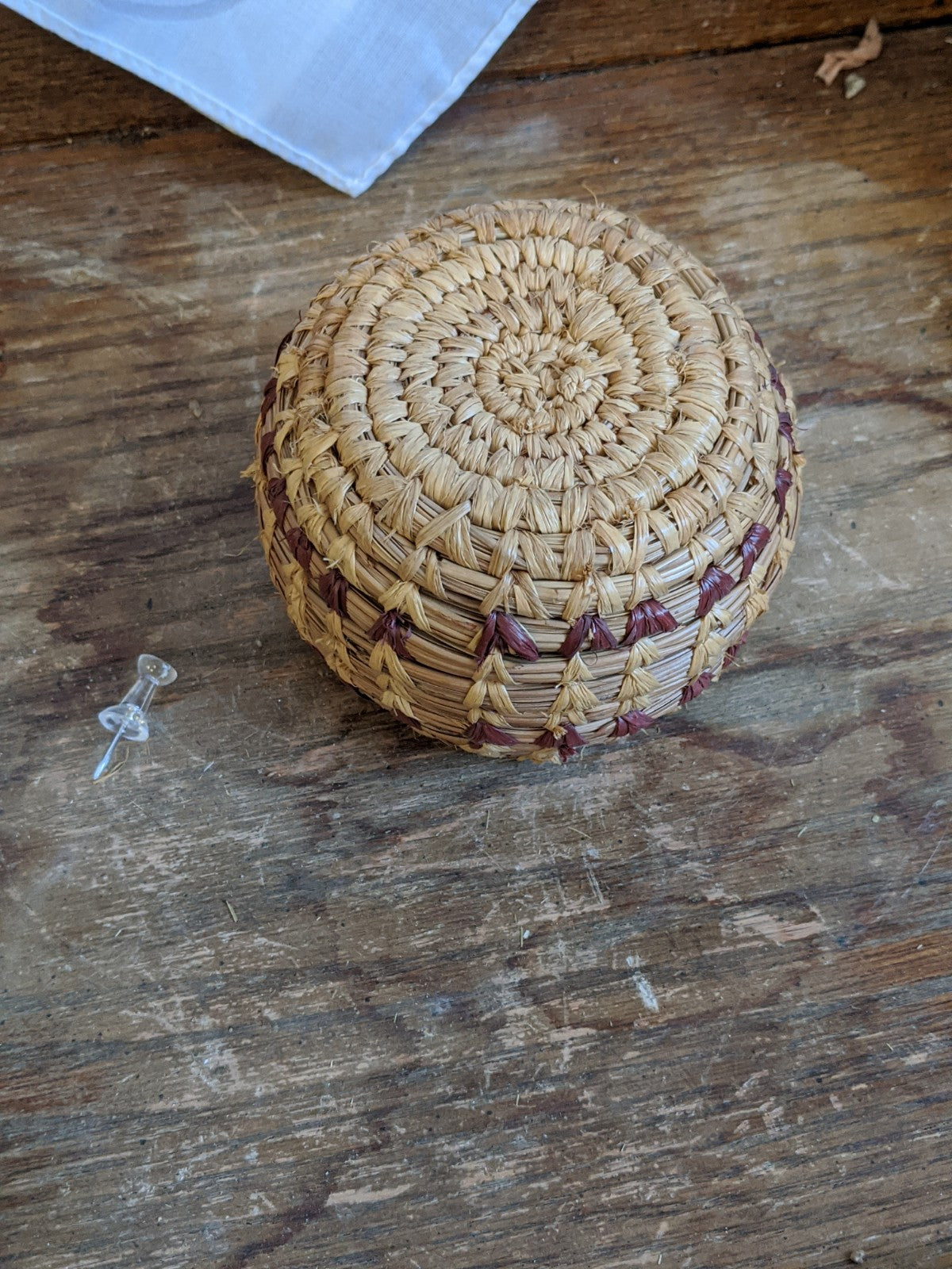 Native American grass-weave basket w purple stripes