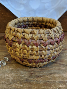 Native American grass-weave basket w purple stripes