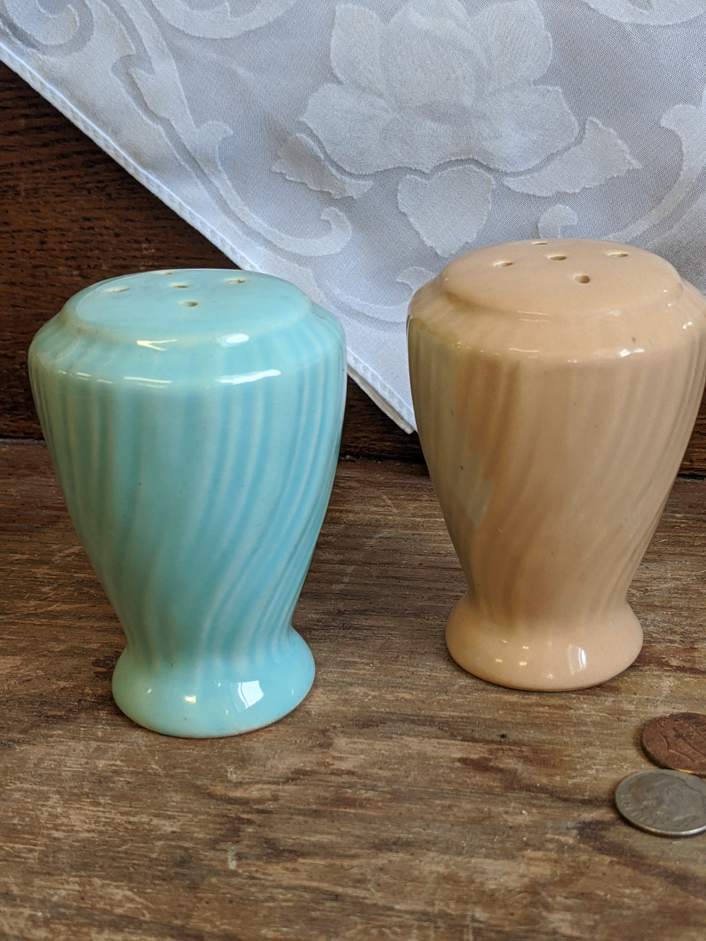 Vintage Blue and Pink mid-cen "twist cone" salt & pepper shakers