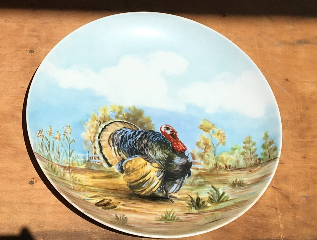Vintage hand-painted turkey plate signed Sophia 1970